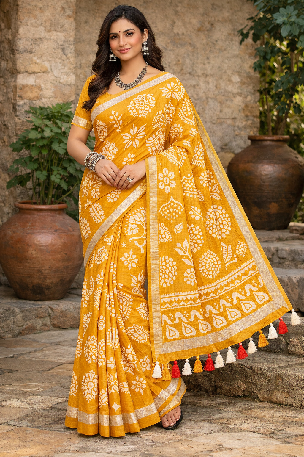 Batik Print Cotton Linen Saree in Mustard Yellow with White Motifs