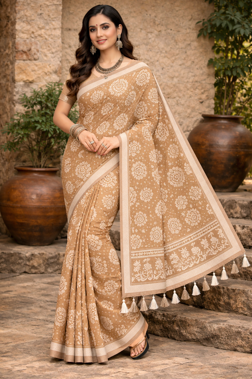 Batik Print Cotton Linen Saree in Light Tan Brown with White Motifs