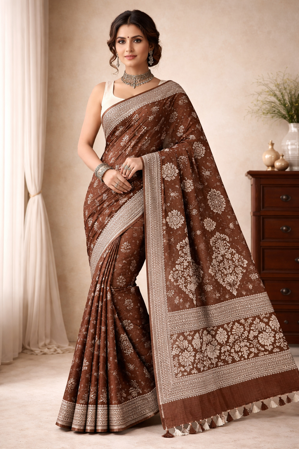 Batik Print Maheshwari Cotton Saree in Chocolate Brown with White Motifs
